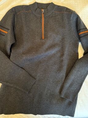 Men's Charcoal-blue Quarter-Zip Sweater with Orange Trim